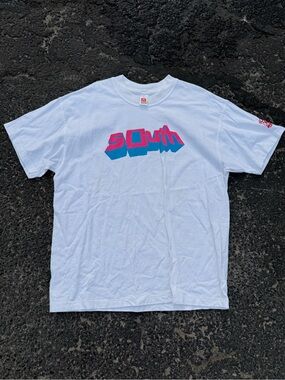 2001 band tee promo South Graphic White Tee with Pink & Blue Logo